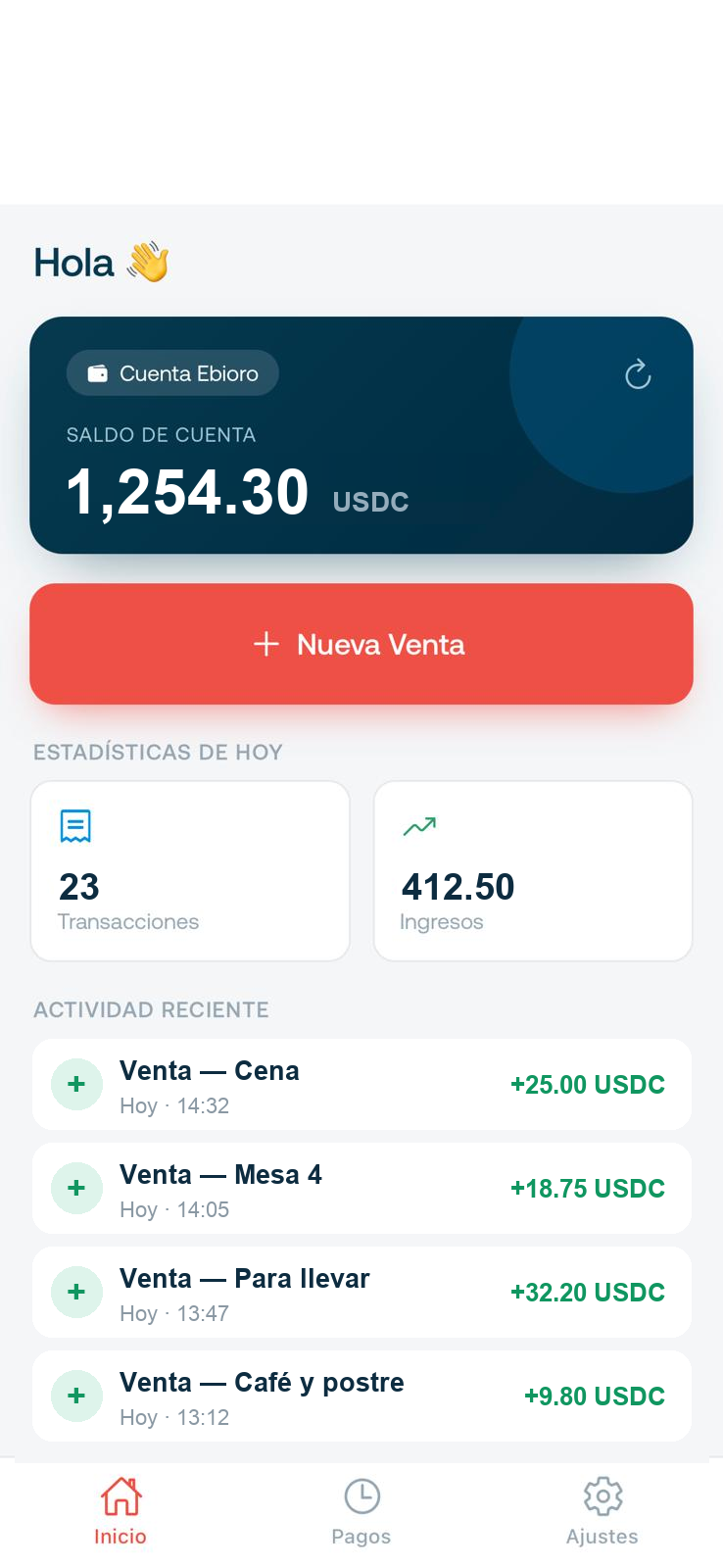App Ebioro POS en un teléfono — ventas del día