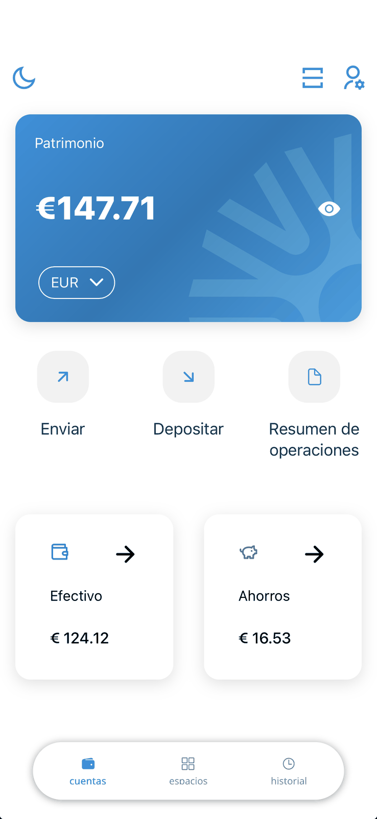 App ebioro — pantalla principal